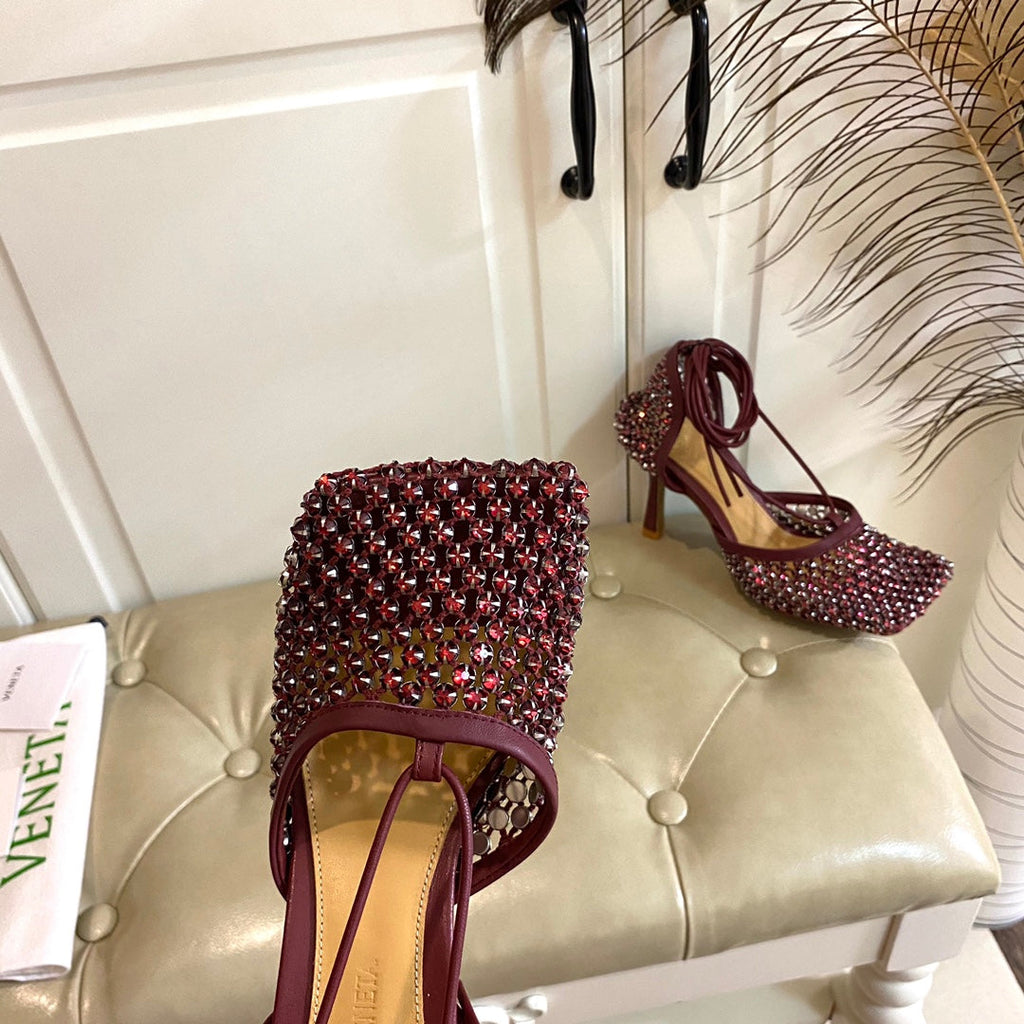 LACE-UP SANDAL IN SANGRIA RED METALLIZED MESH AND LEATHER WITH RHINSTONES 9 CM